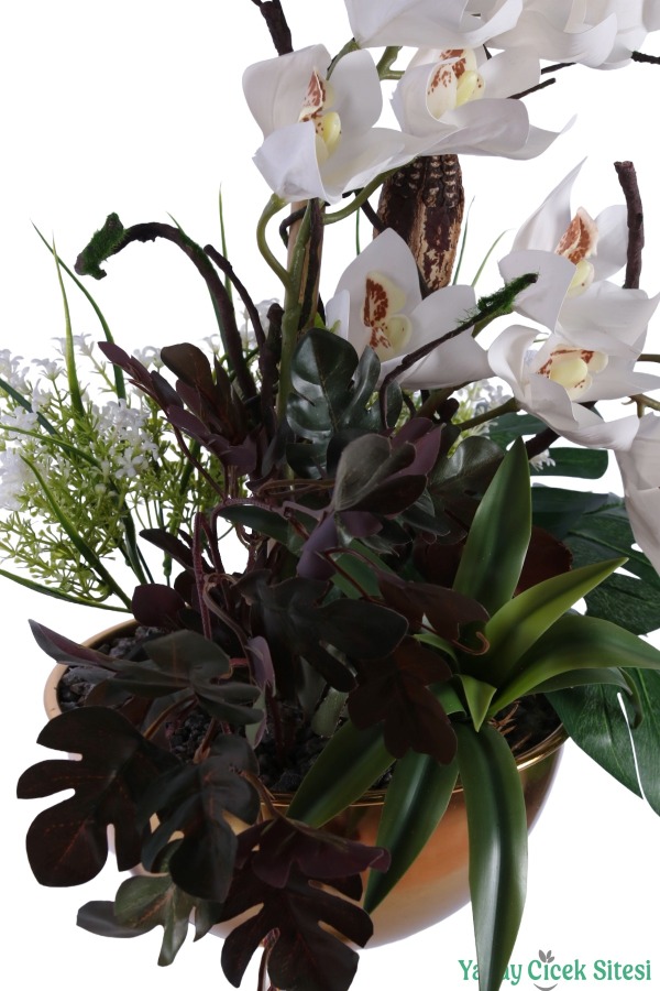 Metal Altın Vazoda Cymbidium Orkide Tanzimi 80cm Beyaz - 4