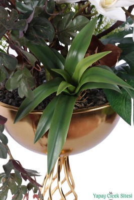 Metal Altın Vazoda Cymbidium Orkide Tanzimi 80cm Beyaz - 5