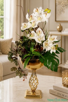 Metal Altın Vazoda Cymbidium Orkide Tanzimi 80cm Beyaz - Yapay Çiçek Sitesi