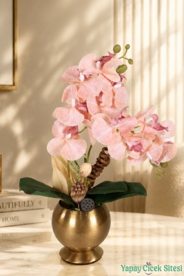 Metal Bronz Küre Saksıda Orkide Tanzimi 43 cm Somon - Yapay Çiçek Sitesi