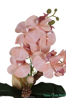 Metal Bronz Küre Saksıda Orkide Tanzimi 43 cm Somon - 2