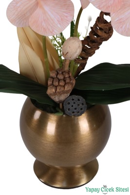 Metal Bronz Küre Saksıda Orkide Tanzimi 43 cm Somon - 3