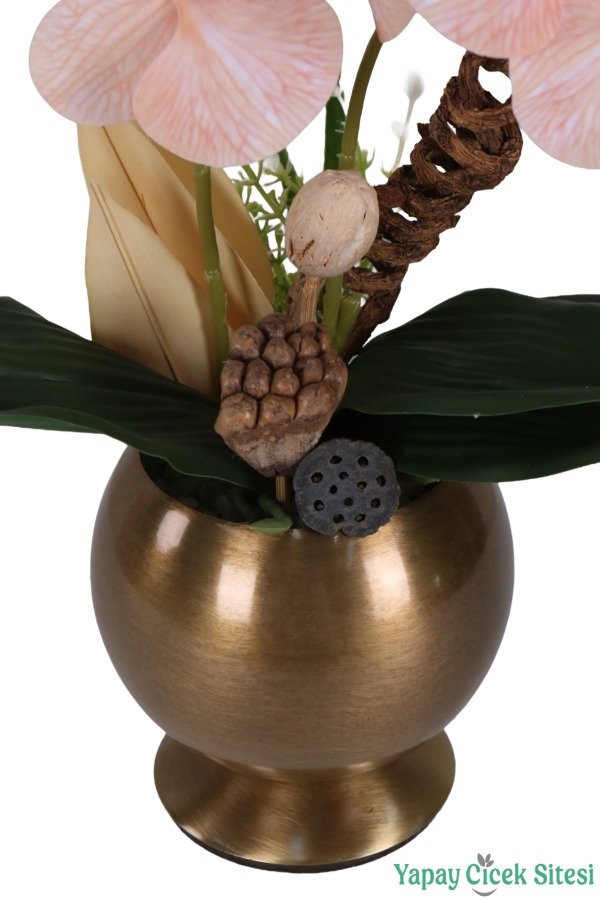 Metal Bronz Küre Saksıda Orkide Tanzimi 43 cm Somon - 3