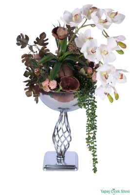 Metal Burgulu Vazoda Yapay Krizantem Detaylı Orkide Tanzimi 70cm Beyaz-Yeşil - 2