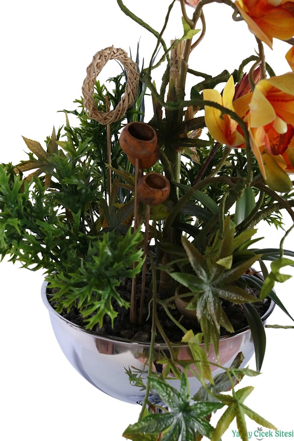 Metal Burgulu Vazoda Yapay Orkide Tanzimi 75cm Sarı - 2