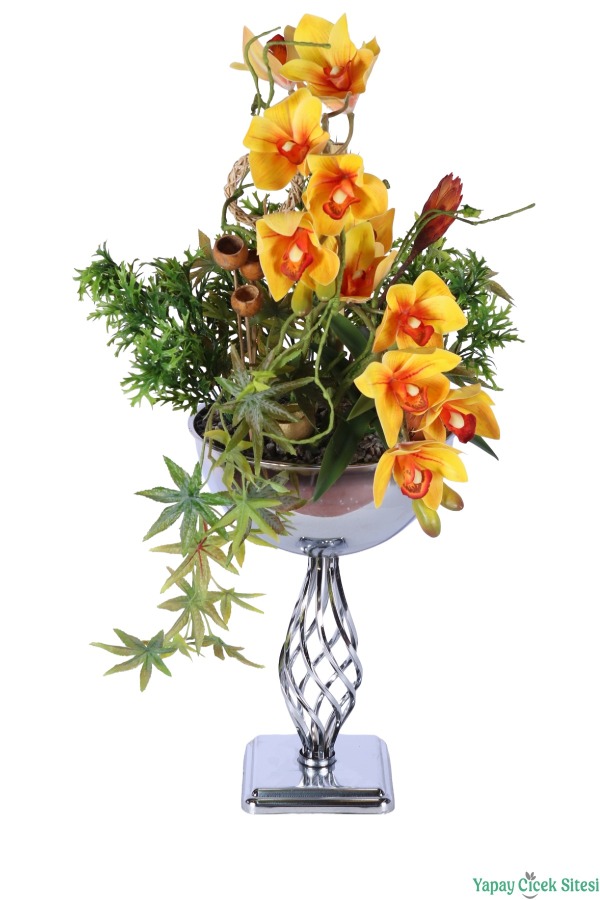 Metal Burgulu Vazoda Yapay Orkide Tanzimi 75cm Sarı - 5
