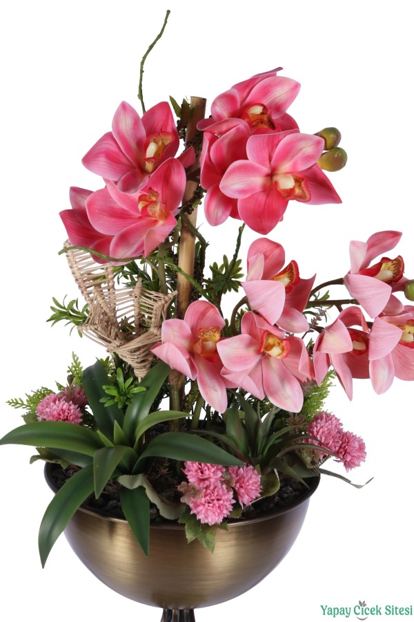 Metal Burgulu Vazoda Yapay Orkide Tanzimi 78 cm Açık Pembe - 2