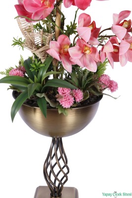 Metal Burgulu Vazoda Yapay Orkide Tanzimi 78 cm Açık Pembe - 4