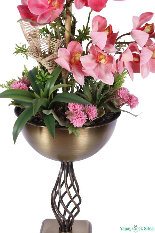 Metal Burgulu Vazoda Yapay Orkide Tanzimi 78 cm Açık Pembe - 4