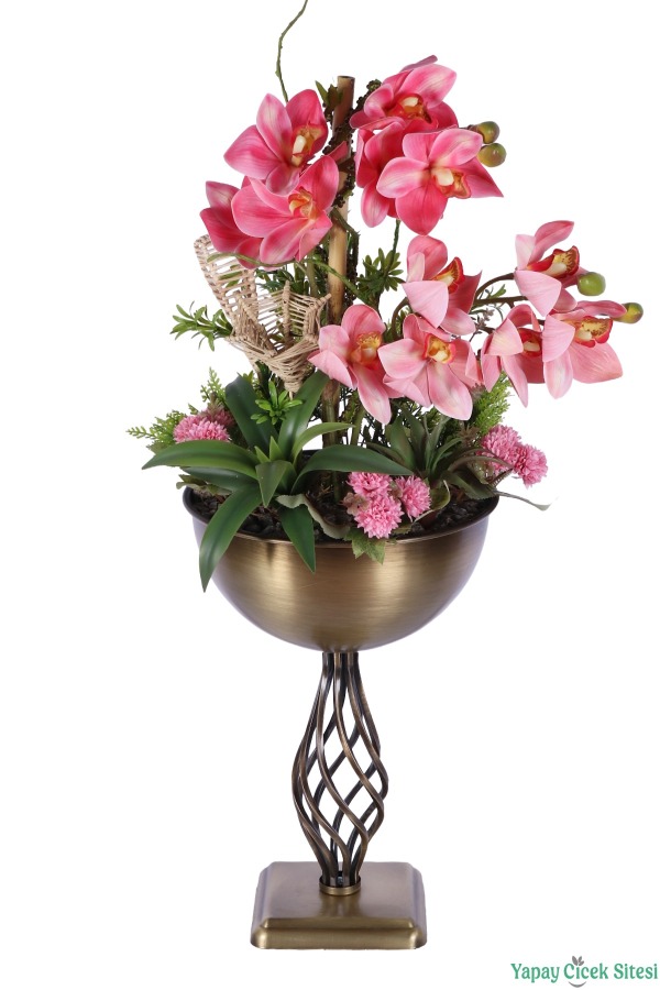 Metal Burgulu Vazoda Yapay Orkide Tanzimi 78 cm Açık Pembe - 5