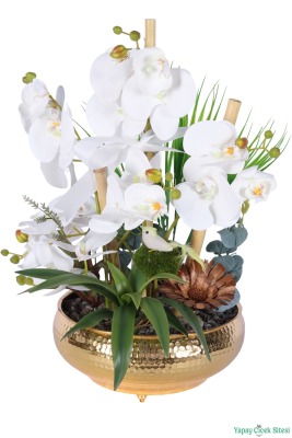 Metal Darbeli Saksıda Yapay Orkide Tanzimi 46cm Beyaz-Yeşil - 2