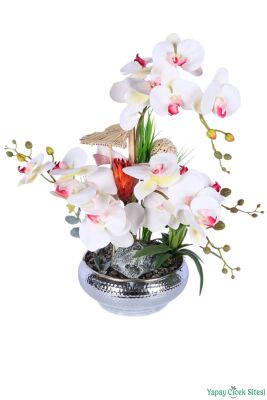 Metal Darbeli Saksıda Yapay Orkide Tanzimi 57cm Beyaz-Fuşya - 2