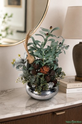 Metal Darbeli Saksıda Yapay Zeytin ve Kuru Çiçek Tanzimi 52cm Yeşil - Yapay Çiçek Sitesi