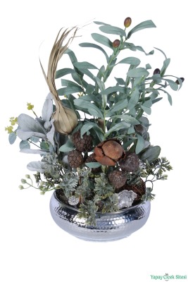 Metal Darbeli Saksıda Yapay Zeytin ve Kuru Çiçek Tanzimi 52cm Yeşil - 2