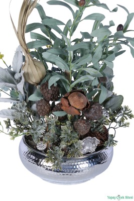 Metal Darbeli Saksıda Yapay Zeytin ve Kuru Çiçek Tanzimi 52cm Yeşil - 3