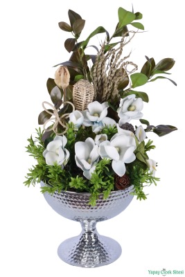 Metal Darbeli Vazoda Manolya Tanzimi 64cm Beyaz-Yeşil - 2