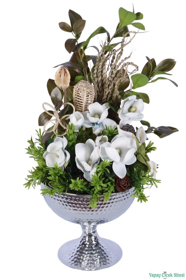 Metal Darbeli Vazoda Manolya Tanzimi 64cm Beyaz-Yeşil - 2
