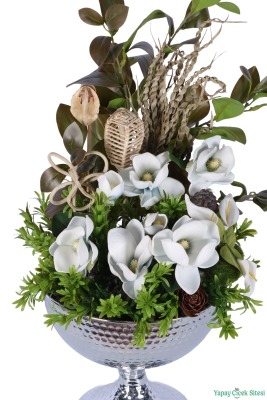 Metal Darbeli Vazoda Manolya Tanzimi 64cm Beyaz-Yeşil - 3