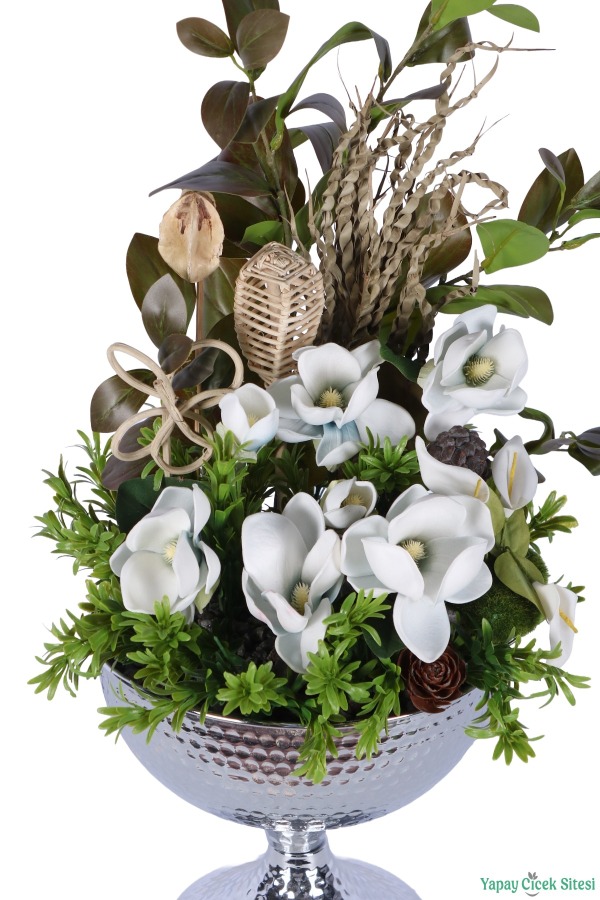 Metal Darbeli Vazoda Manolya Tanzimi 64cm Beyaz-Yeşil - 3