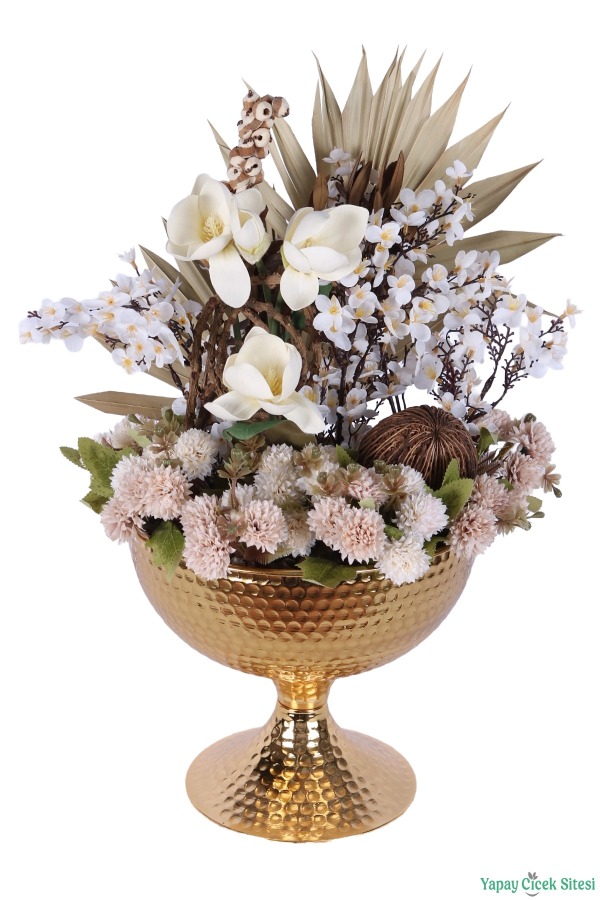 Metal Darbeli Vazoda Yapay Japon Kiraz Çiçeği Tanzimi 54cm Beyaz-Naturel - 2