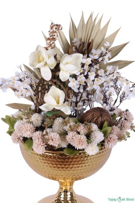 Metal Darbeli Vazoda Yapay Japon Kiraz Çiçeği Tanzimi 54cm Beyaz-Naturel - 4