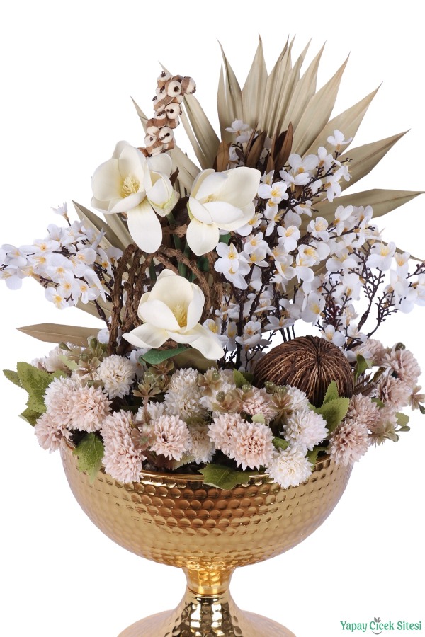 Metal Darbeli Vazoda Yapay Japon Kiraz Çiçeği Tanzimi 54cm Beyaz-Naturel - 4