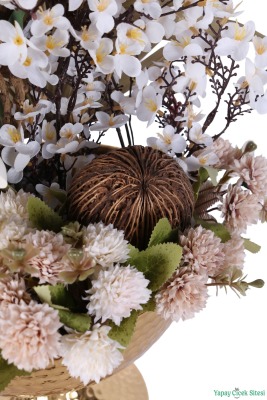 Metal Darbeli Vazoda Yapay Japon Kiraz Çiçeği Tanzimi 54cm Beyaz-Naturel - 5