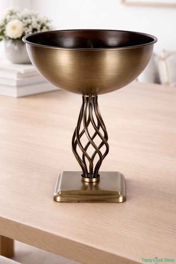 Metal Dekoratif Burgulu Geniş Vazo 39 cm Bronz - 1