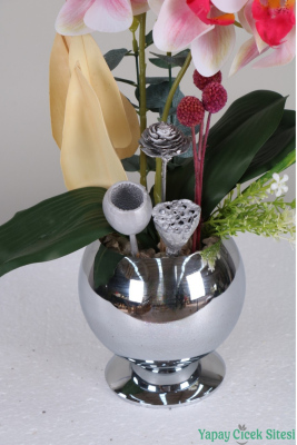 Metal Gümüş Küre Saksıda Orkide Tanzimi 43 cm Fuşya-Beyaz - 3