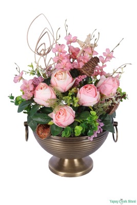 Metal Küpeli Saksıda Yapay Gül Tanzimi 48cm Pembe - 2