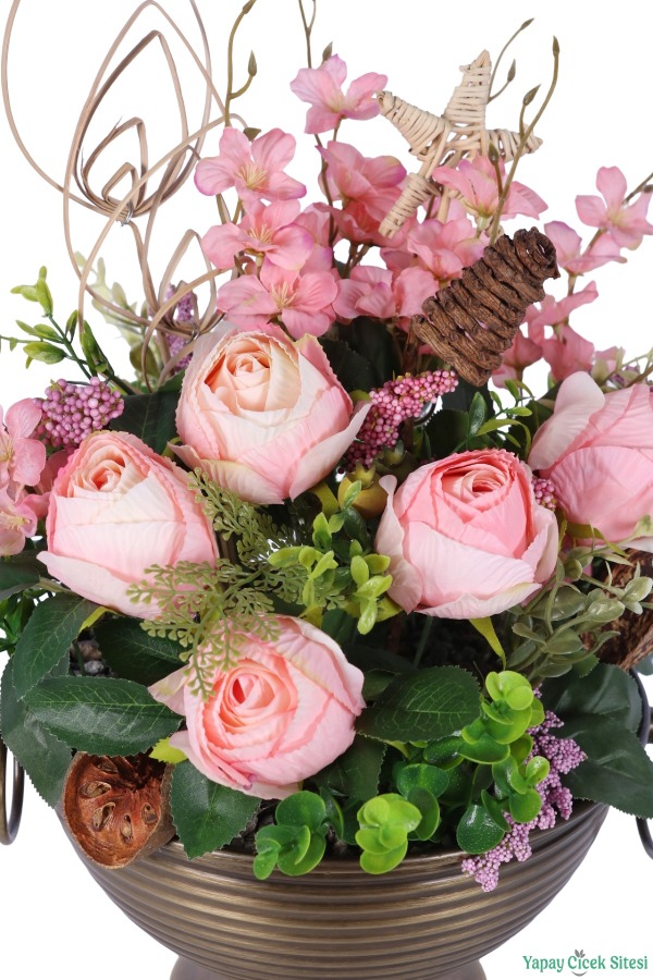Metal Küpeli Saksıda Yapay Gül Tanzimi 48cm Pembe - 3