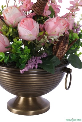 Metal Küpeli Saksıda Yapay Gül Tanzimi 48cm Pembe - 4