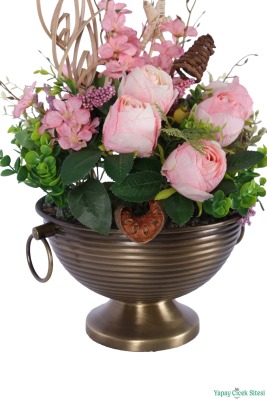 Metal Küpeli Saksıda Yapay Gül Tanzimi 48cm Pembe - 5