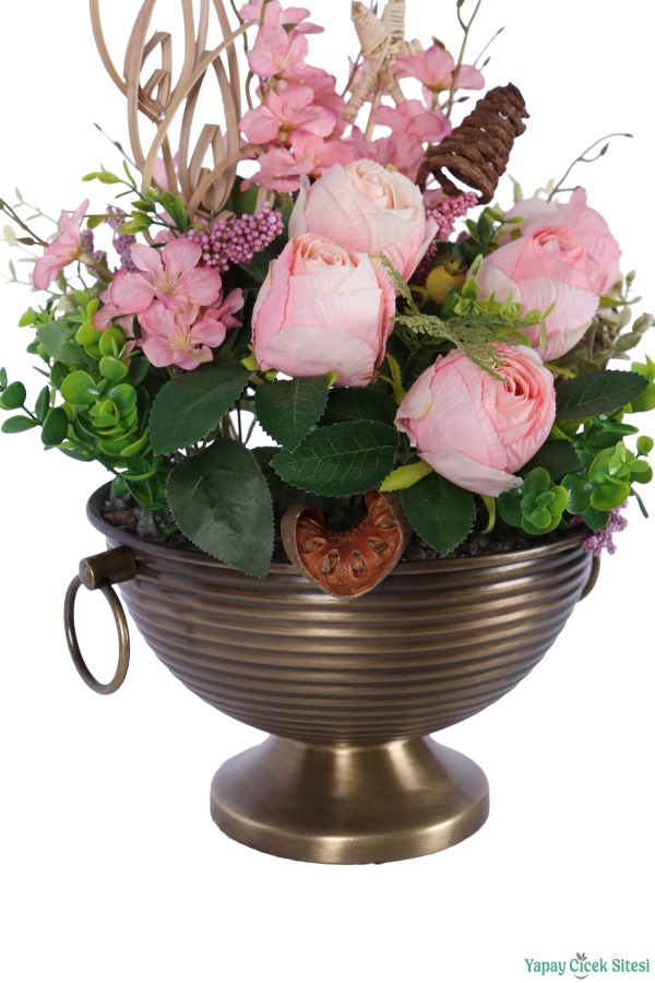 Metal Küpeli Saksıda Yapay Gül Tanzimi 48cm Pembe - 5