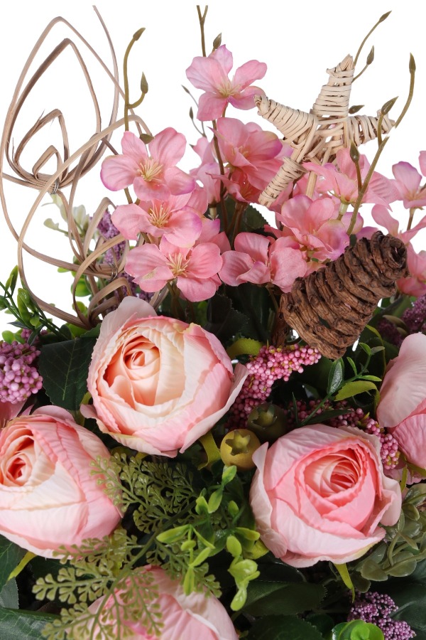 Metal Küpeli Saksıda Yapay Gül Tanzimi 48cm Pembe - 6