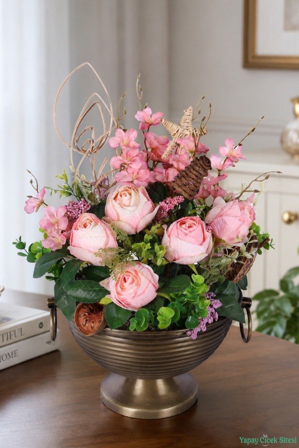 Metal Küpeli Saksıda Yapay Gül Tanzimi 48cm Pembe - 7
