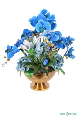 Metal Küpeli Saksıda Yapay Orkide Tanzimi 58cm Mavi - 2