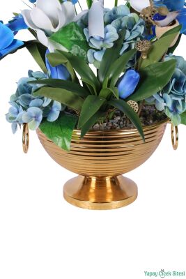 Metal Küpeli Saksıda Yapay Orkide Tanzimi 58cm Mavi - 4