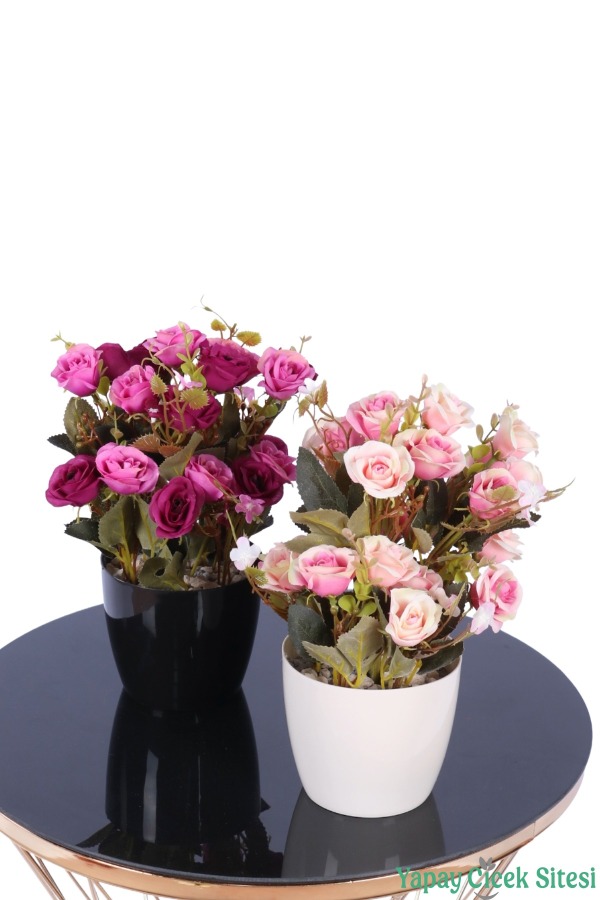 Plastik Saksıda Yapay Çalı Gülü Tanzimi 2'li Set 30 cm - 15
