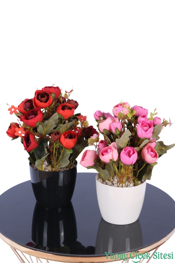 Plastik Saksıda Yapay Ranunkulus Tanzimi 2'li Set 30 cm - 1