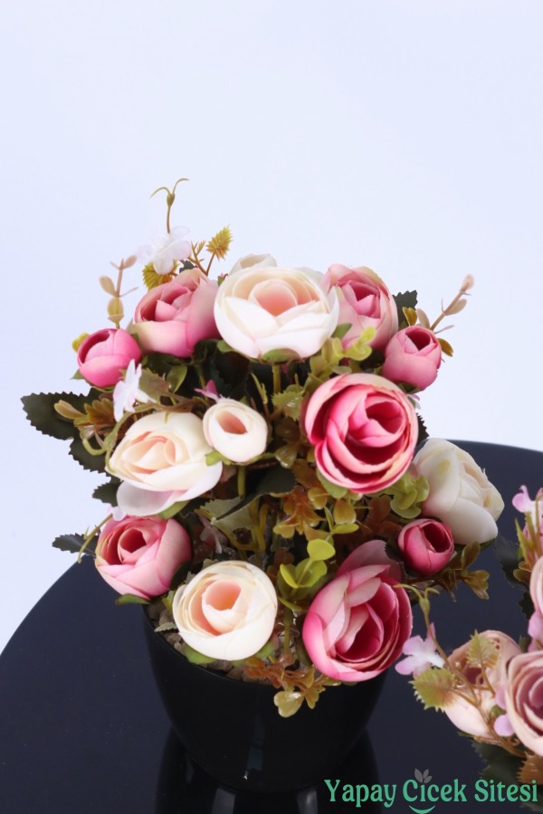 Plastik Saksıda Yapay Ranunkulus Tanzimi 2'li Set 30 cm - 6
