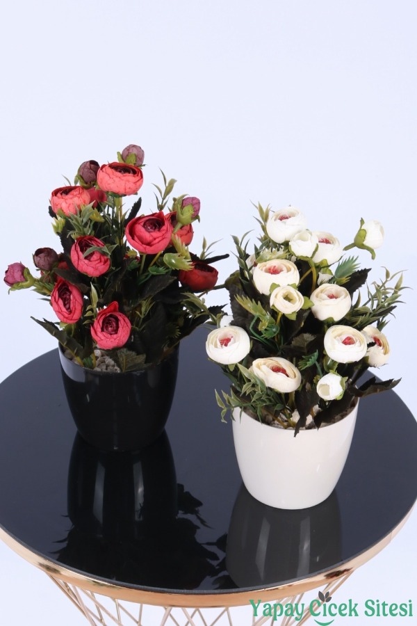 Plastik Saksıda Yapay Tomurcuklu Ranunkulus Tanzimi 2'li Set 30 cm - 9