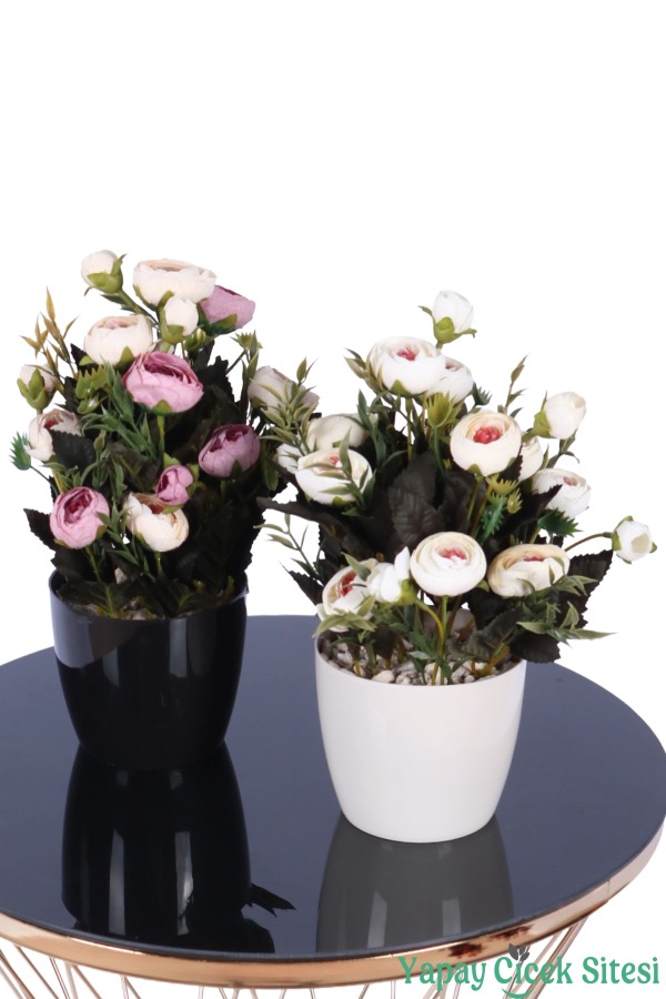 Plastik Saksıda Yapay Tomurcuklu Ranunkulus Tanzimi 2'li Set 30 cm - 18