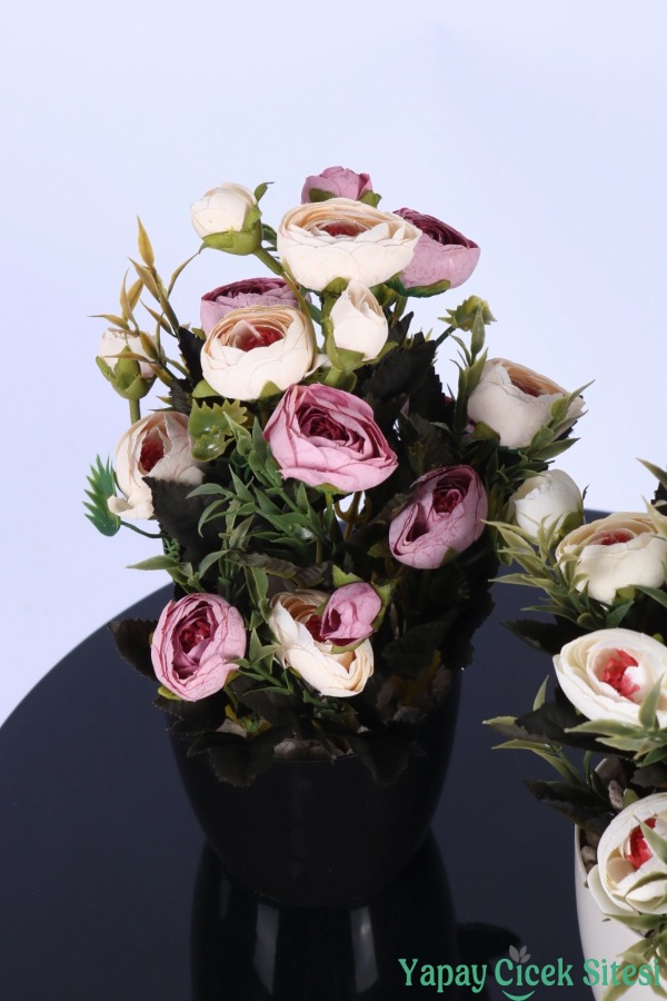 Plastik Saksıda Yapay Tomurcuklu Ranunkulus Tanzimi 2'li Set 30 cm - 19