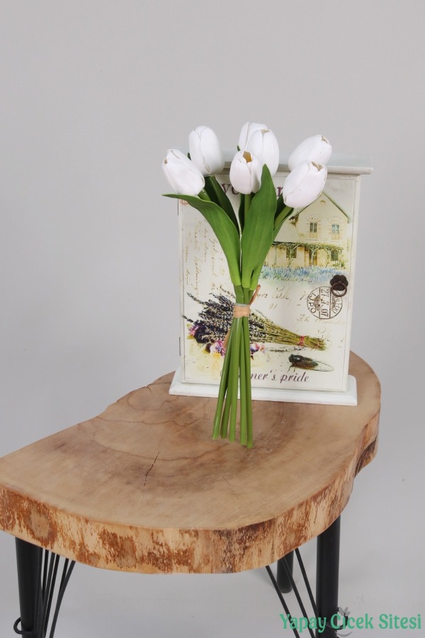 Premium 7li Yapay Islak Lale Demeti 33 cm Beyaz - 2
