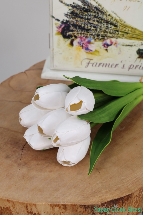 Premium 7li Yapay Islak Lale Demeti 33 cm Beyaz - 3
