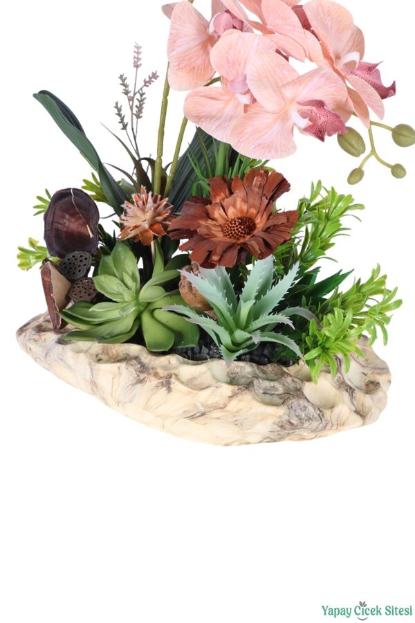 Seramik Saksıda Yapay Bitkili Orkide Tanzimi 46cm Pembe-Yeşil - 4