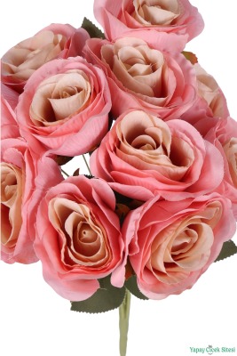 Yapay İri Kafalı Gül Demeti 11 Dal 39cm Pembe-Krem - 3