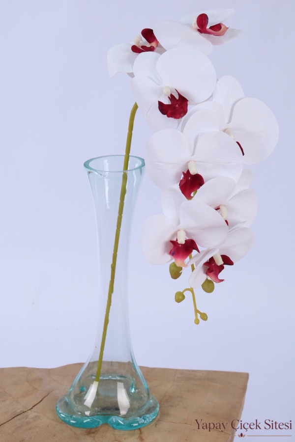 Yapay İri Kandilli Islak Dokuda Orkide Dalı 85 cm Beyaz Bordo - 1