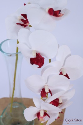 Yapay İri Kandilli Islak Dokuda Orkide Dalı 85 cm Beyaz Bordo - 4